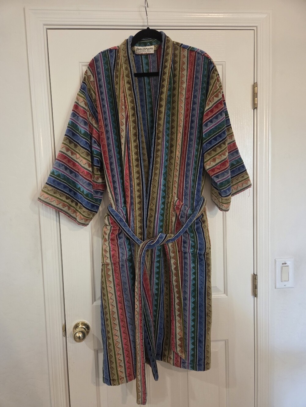 Norm Thompson Vintage 80s 90s Terry Cloth Stripe Bath Robe With Belt One Size